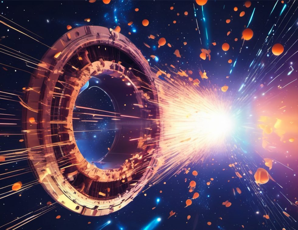 Immagine che raffigura un'illustrazione artistica digitale in stile sci-fi: un grande anello tecnologico, simile a un acceleratore di particelle, emette un potente fascio di luce ed energia nello spazio profondo