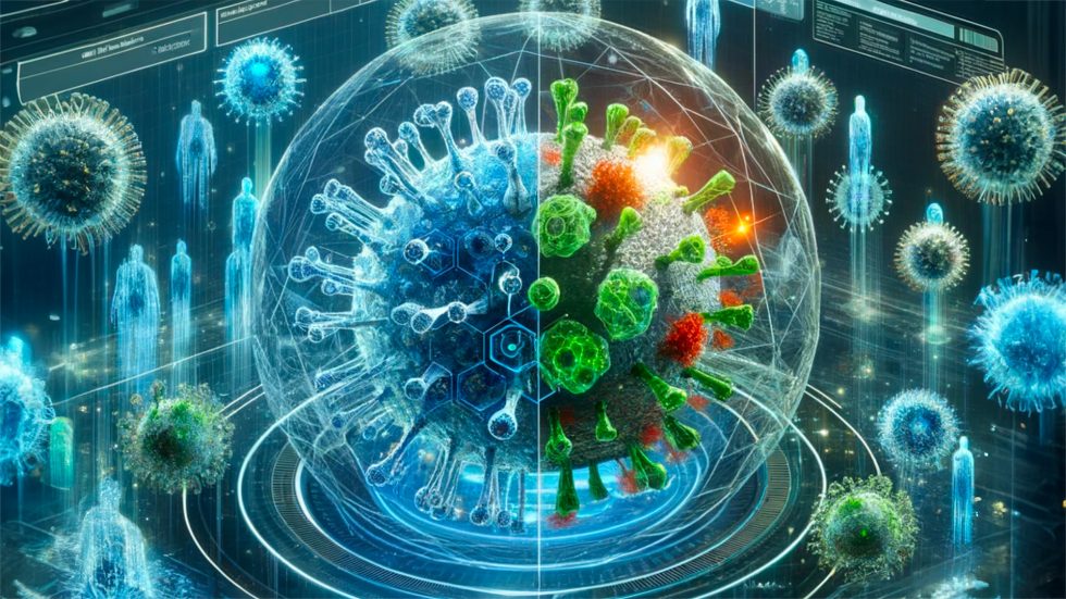 Immagine che raffigura una rappresentazione artistica futuristica del concetto di "gemello digitale" in virologia. Al centro, un grande virus sferico è diviso visivamente in due metà: la parte sinistra è costituita da una struttura digitale a reticolo (wireframe) blu luminoso, mentre la parte destra appare come un organismo biologico reale con superficie verde e protuberanze rosse. Lo sfondo scuro è animato da schermi olografici, dati e sagome umane stilizzate, a simboleggiare l'uso della simulazione informatica nella ricerca medica.