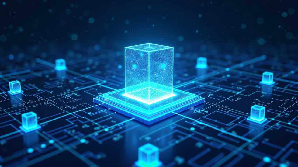 Immagine che illustra un processore quantistico e una rete di calcolo avanzata